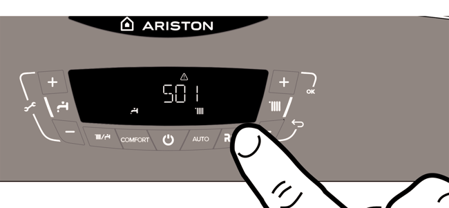 02 Dibujo de una mano pulsando el boton de Reset en caldera Ariston con error 501-1