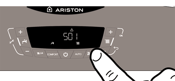 02 Dibujo de una mano pulsando el boton de Reset en caldera Ariston con error 501