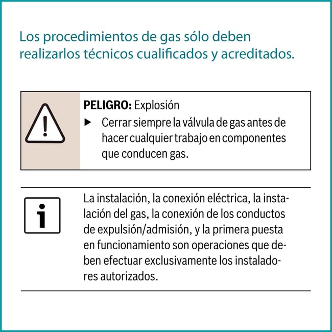 04 Aviso del manual de calentadores Junkers acerca de que las instalaciones de gas sólo deben hacerlas técnicos acreditados
