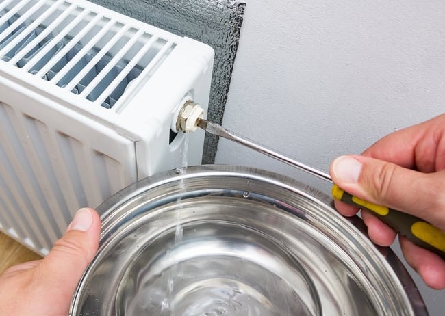 04 Una mano masculina purgando un radiador con un destornillador de punta plana y un recipiente de plastico