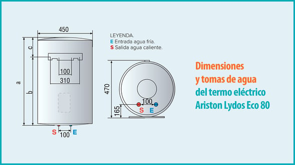05 Dimensiones y tomas de agua caliente y fria del termo electrico Ariston Lydos Eco 80