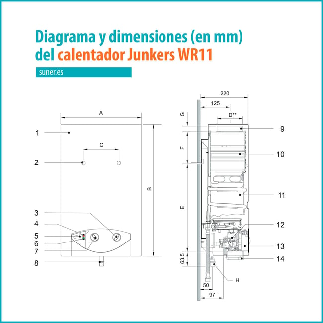 11 Despiece del calentador Junkers WR11 numerado_Vista lateral con dimensiones