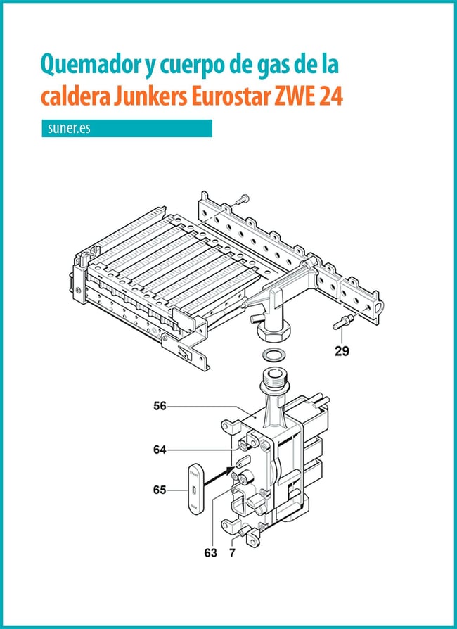 28 Despiece de la caldera Junkers Eurostar ZWE 24 numerado_Quemador y cuerpo de gas