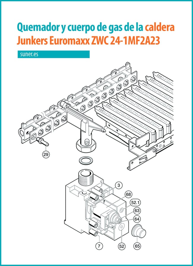 29 Despiece de la caldera Junkers Euromaxx ZWC 24-1MF2A23 S2800 numerado_Quemador y cuerpo de gas